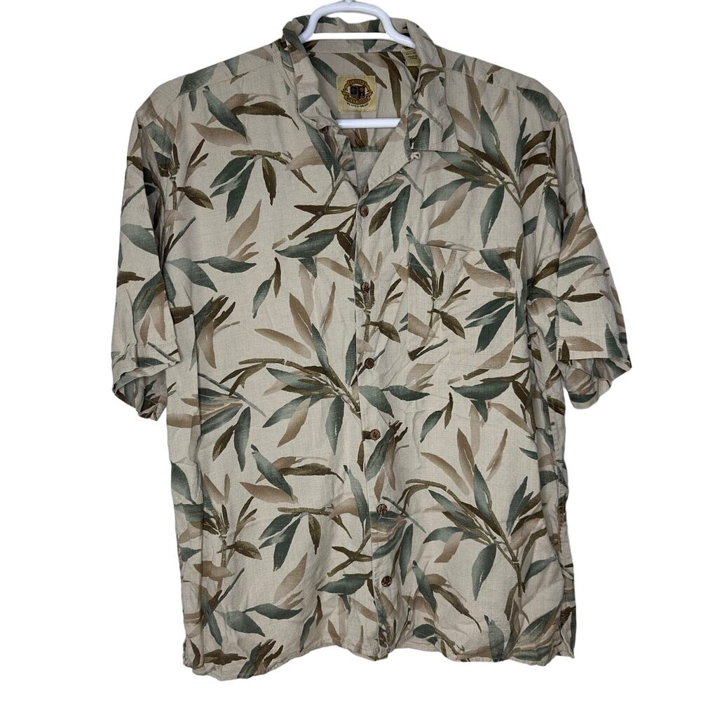 Vintage Pusser's West Indies Men's Large Hawaiian‎ Shirt 100% Silk Tan Plants